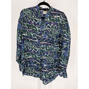 Vintage 1980s Cezar mens Sz L 100% Silk Long Sleeve Shirt Bold Print